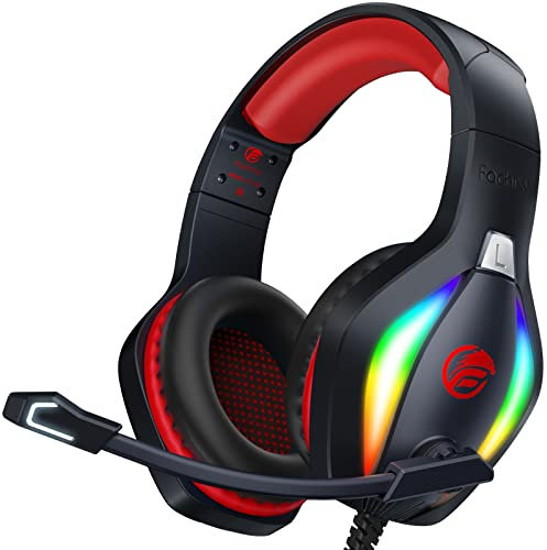 Fachixy FC100 Cuffie Gaming per PS4 PS5 PC Xbox Nintendo Switch, con Luce RGB, Microfono, Audio Stereo, Cancellazione Del Rumore con filo -Rosso