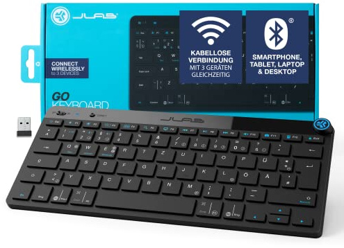 JLab Go Kabellose Tastatur - Bluetooth 2,4 GHz Funk, USB-Dongle, QWERTZ | Leise Klein, Multi-Device Mini Wireless Keyboard, für PC/Mac/iPad/Tablet/Computer/Laptop