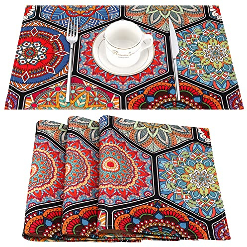 Set 4 Tovagliette Boemia Americane 32 x 45 cm Diverse Fantasie Ottima Idea Regalo Lavabili per Cucina Tavolo da Pranzo Feste Tovagliette Colorate Boho Materiale di Lino Tovagliette Modello Vintage