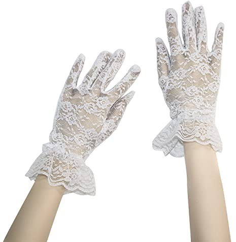 CHEERYMAGIC Lace Gloves Women Short Gloves Elegant Courtesy Floral Glove for Ladies Wedding Dinner Party 1980s Party Costume Favors Halloween Costume Accessories A9-HBLSST (White)