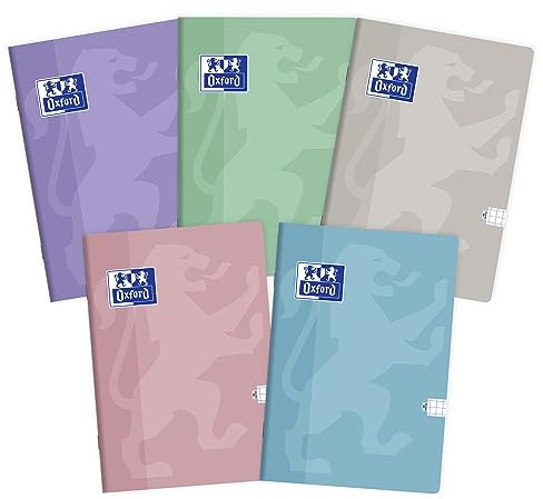 Oxford Touch Pastel Notizbuch A5, 60 Blätter, kariert, 5 Stück-Packung Farbenmix