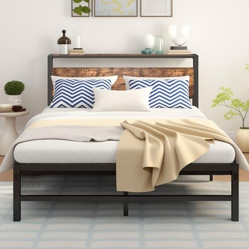 ARFARLY Bett 120x200 mit Lattenrost aus Metall, Metallbett 120x200 mit Holzkopfteil Stauraum, Jugendbett Bettrahmen, Stabil Leichte Montage Modern Braun