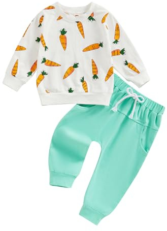 Conjunto de ropa de Pascua para bebé niño, manga larga, cuello redondo, sudadera con estampado de zanahoria, pantalones deportivos, 2 piezas, conejo, primavera y verano, verde, 18-24 meses