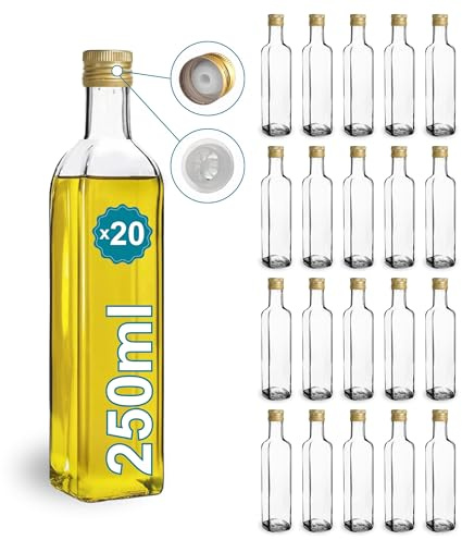 20 Botellas de Cristal 250 ml con Tapón de Rosca Dorado y Boquilla Vertedora – Aceitera para Aceite de Oliva, Vinagre y Salsas | Espirito Rebelde