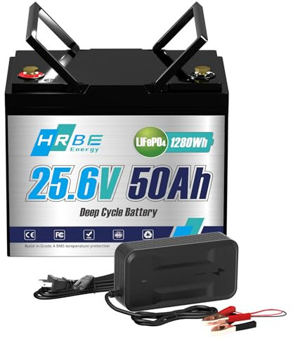 HRBEENERGY 24V 50AH LiFePO4 Batería 1Pack,BMS de incorporado y celdas de grado A, batería recargable de fosfato de hierro y litio de 24V,4000-15000 ciclos profundos para solares, motores de arrastre