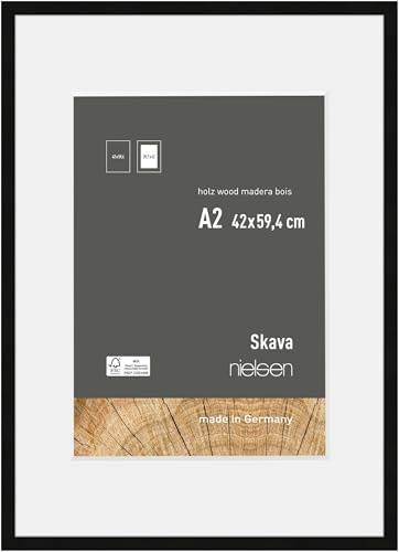 nielsen Holz Bilderrahmen Skava, 42 x 59,4 cm (A2), Schwarz | Holz Posterrahmen mit Passepartout im Hoch- & Querformat zum Aufhängen Schwarz matt Echtglas