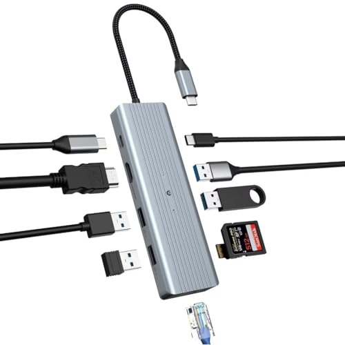OOTDAY USB C Hub USB C Ethernet Adaptador 10 en 1 USB Expansión para MacBook Pro/Air, HP, Lenovo, Gigabit Ethernet, Lector SD/TF, 4K HDMI
