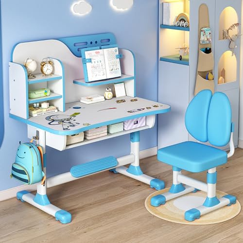 Kinderschreibtisch, Schreibtisch- und Stuhl-Set für Kinder, verstellbarer Höhe, Schubladen und Stauraum, Schreibtisch mit geräumiger Aufbewahrungsschublade Kids Study Desk and Chair Set Blue A