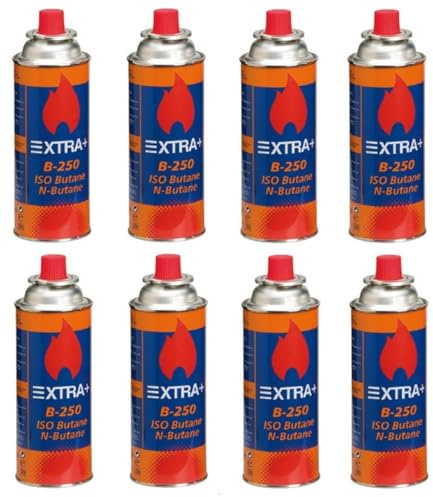 DISPAU QBak - Pack de 8 Cartuchos de Gas Butano Recambio de Gas Propano Portable Gas Butano Compatible para Cocina Portátil, Hornillo, Soplete Soldador, Camping B-250 227gr
