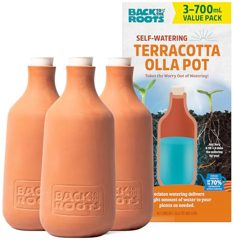 Back to the Roots Selbstbewässernder Olla-Topf aus Terrakotta, 3 Stück, 700 ml, bietet 1 Woche Präzisionsbewässerung