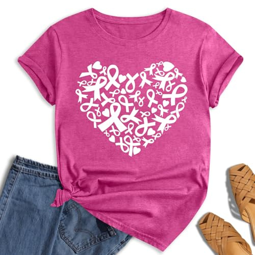 hohololo Tee-Shirt Octobre Rose pour Femme Cancer du Sein Cœur Rose Ruban Tshirt
