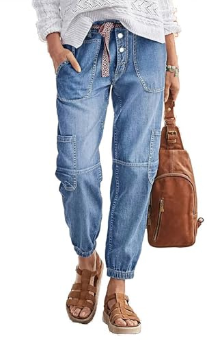 Flamingals Straight Leg Button Fly Jeans for Women Multi Pocket Mid Rise Jeans Without Belt Denim Pants Light Blue XL