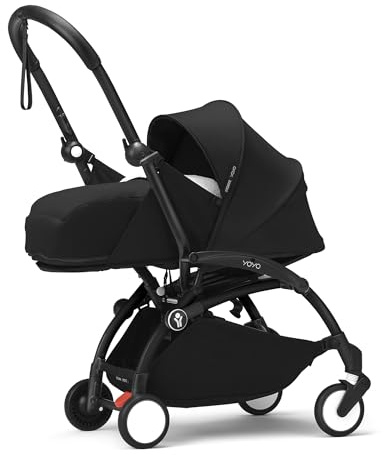 Stokke YOYO3 Gestell (Schwarz) mit 0+ Neugeborenen Set (Schwarz) - Inklusive Matratze, Fünfpunktgurt, ausziehbarem Verdeck, gepolsterte Schultergurte & schützende Aufbewahrungstasche