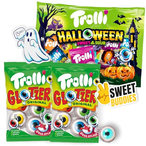 Trolli Glotzer & Halloween Sweet & Sour Bundle – 2x Glotzer Augen + 1x Halloween Mix + Geister Sticker + Sweet Buddies Aufkleber – Süß & Sauer Fruchtgummi Set für Grusel, Party & Geschenke