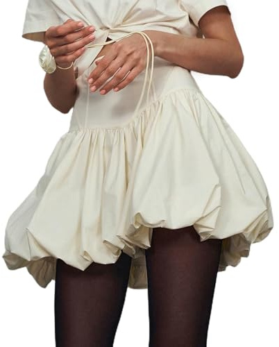Achlibe Jupe à bulles d'été décontractée de couleur unie taille haute pour femme, mini jupe de plage, vacances, jupe ballon Y2K Streetwear, blanc, M