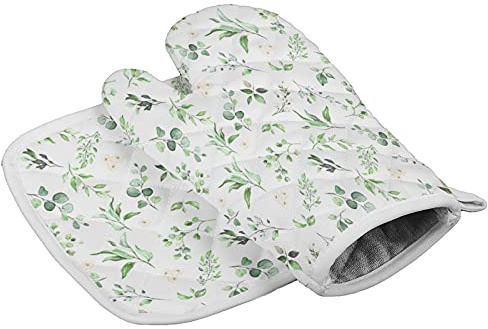 Ofenhandschuhe Vintage Bauernhaus Aquarell Blätter Und Blumen Druck Grün Topflappen Set Hitzeresistente Topfhandschuhe Anti-Rutsch Grillhandschuhe Für Grillen Kochen Barbecue