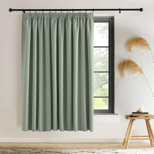 PONY DANCE Extra Wide Room Divider Blackout Curtain - Pencil Pleat Thermal Room Darkening Curtain Super Soft Energy Saving Noise Reduce Drape for Hotel Bedroom, 1 Panel, 118 x 69 Inch, Sage Green