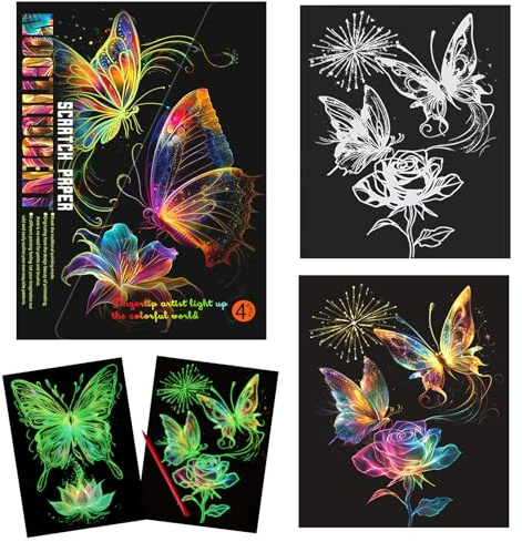 KSIWRE 4 Blatt Kratzkunst für Erwachsene und Jugendliche, schöne Nachtansichtskratzmalerei, leuchtet im Dunkeln, Regenbogen-Kratzpapier (Schmetterling)