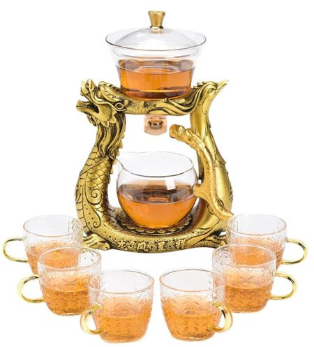 Gaxcent Lazy Kungfu Tee-Set aus Glas, hitzebeständig, Wasserumleitung, rotierende Abdeckung, Schüssel, halbautomatischer Glas-Teekannenanzug (Teekannen-Set),2