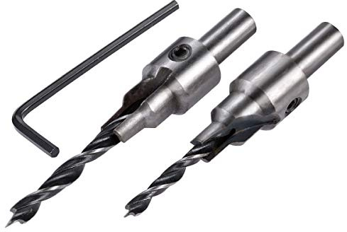 HOHXEN 2 Piezas Juego de Brocas Avellanadoras Tri-tip para Madera con Llave en L, Vástago Redondo, Brocas Avellanadoras de Carpintería para Plástico, Madera - (4mm, 5mm)