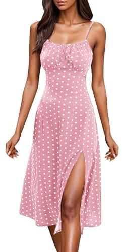 Robe d'été élégante sans manches pour femme - Robe midi à bretelles spaghetti - Robe d'été avec fente - Robe sexy à bretelles - Robe de plage légère et aérée - Robe de cocktail longue, Rose 4., M