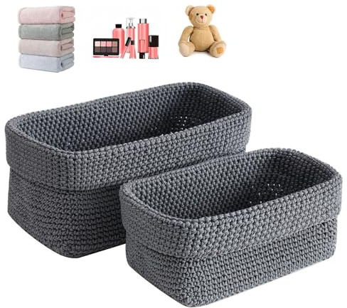 2 Stück Aufbewahrungskorb Geflochten,Häkelkorb Körbe Geflochten,Aufbewahrungskorb Set Für Wohnzimmer,Bäder,Büros,Küchen,Handtücher,Kosmetik,Spielzeug,Schmuck(Grau)
