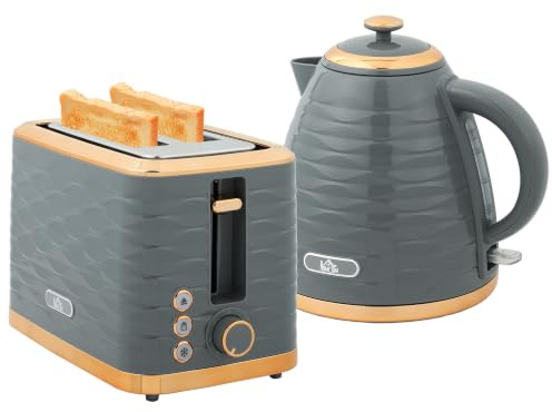 HOMCOM Kettle and Toaster Sets 3000W 1.7L Kettle & 2 Slice Toaster Grey | Rapid Boil, 7 Browning Controls, Defrost, Reheat, Crumb Tray, UK Otter Thermostat