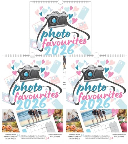 2026 Photo Favourites A4 Wall Calendar Pack of 3 – Create Your Own Calendar 6x4 / 5x7 Prints Twin Wire Bound Hanging Hook – Insert Your Own Photos Personalised Monthly Wall Planner