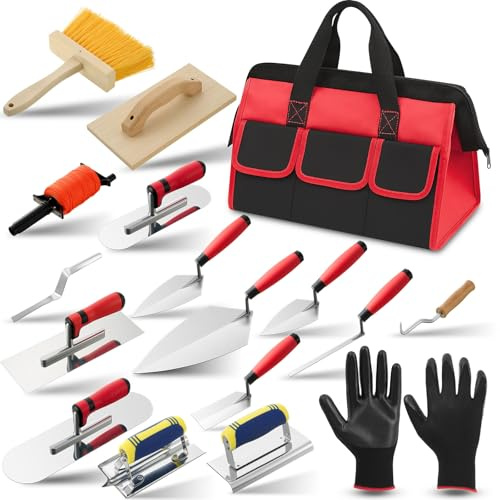 SiliFine 18 Pcs Masonry Trowel Construction Tool Kit with Tool Bag, Includes Putty Knives, Gloves Rebar Hooks, Stainless Steel Tools for Home, DIY, Concrete Masonry Work(Orange)