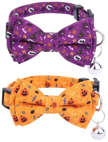 2stk Halloween-Katzenhalsband mit Fliege und Glöckchen, Verstellbares Abreißbares Kätzchenhalsband Gruseliges Halloween-Dekorationszubehör für Katzen und Kleine Welpen (Stil 1)