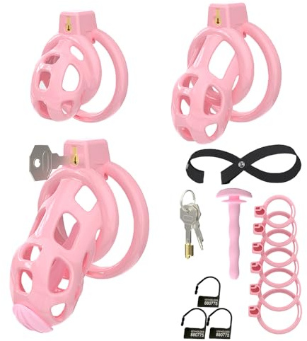 Chastity Cage Sexspielzeug Männer Peniskafig Keuschheitskafig Set mit Fake Frau Pussy Penis Plug & 6 Penisringen Hohles atmungsaktives Design Penis Käfig für SM-Fetisch Penis Bondage (Lila M)