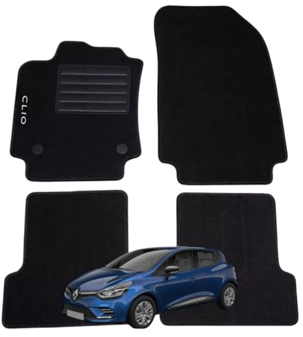 Set 4 Tappeti in Moquette Adatti per CLIO IV 2012-2019 con 2 Attacchi - Compatibli NON Originali, con Bottoni di Fissaggio, con Battitacco cucito e antiscivolo