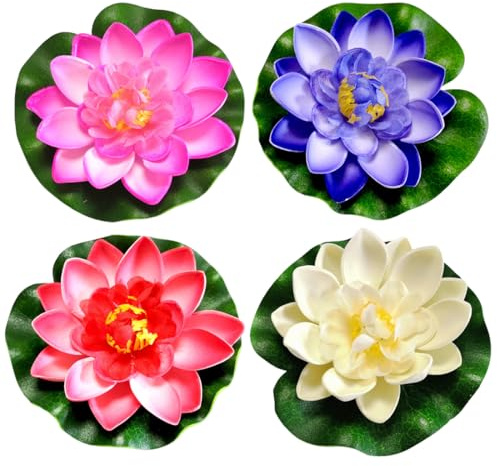 Flores artificiales flotantes, 4 Piezas Artificial Nenúfar Flotante, Decoración de Estanque Flotante para Decoración de Estanque de Acuario(Rosa + Azul + Blanco + Rojo)