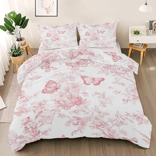Générique Parure de Lit 90x190 Rose Toile de Jouy, Housse de Couette Réversible Fleurs Papillon + 1 Taie d'oreiller 65x65 cm, Doux Ensemble de Literie en Microfibre pour Garçon Fille