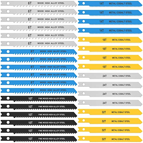 34Pcs U-Shank Jig Saw Blade Set High Carbon Steel U Shank Jigsaw Blades 6T 8T 10T 14T 18T 24T 32T Assorted Saw Blades Fast Cut Woodworking Tool for Wood Metal Plastic Cutting (34pcs)
