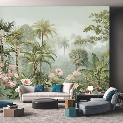 Tropical Jungle Wallpaper Green, Palm Trees Monstera Wall Paper for Bedrooms, Home Decor Photo Wallpaper for Living Room 150x105 Non-Woven Wall Mural W&23