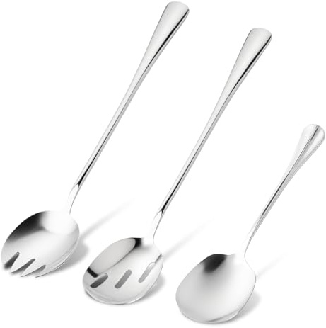 Set med 3 köksredskap i rostfritt stål - salladsbestick med serveringssked, borrsked och serveringsgaffel - längder 28 cm och 20,5 cm för enkel matservice