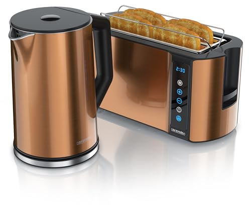 Arendo - Wasserkocher mit Toaster SET Edelstahl Kupfer, Wasserkocher 1,5L, 2000W, 40° 100°C Warmhaltefunktion Toaster 4 Scheiben 1500W Display 7 Bräunungsgrade Brötchaufsatz