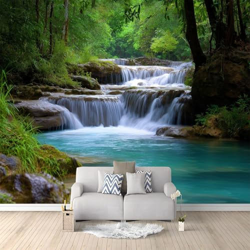 Papel Pintado Panorámico Naturaleza Paisaje Cascada Plantas 200x140 cm Fotomurales No Tejido, Murales Decoración Póster Pared Personalizado 3D Para Salón Dormitorio