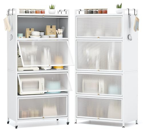 COSTWAY 5-stöckiger Küchenschrank hoch, Küchenregal mit Rollen, Mikrowellenständer mit 4 PC-Klapptüren & 4 Haken, Standregal Metall, Hochschrank für Küche Esszimmer Wohnzimmer (Weiß)