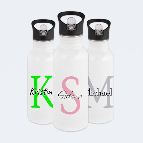Gravur-Max Kinder Trinkflasche 600 ml personalisiert - Name mit Buchstabe - auslaufsichere Edelstahl Trinkflasche mit Trinkhalm & Klappdeckel – BPA-frei & robust – mit Namen bedruckt - Weiß