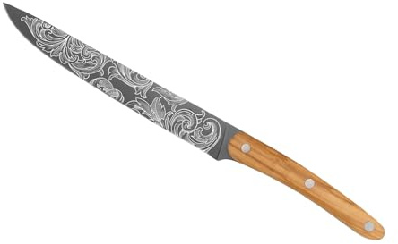 deejo - Couteau Tranchelard Pleine Soie - Manche en Bois d’Olivier Riveté, Motif Floréal - Lame en Acier Inoxydable X50CRMOV15, Finition Titane Gris Anthracite