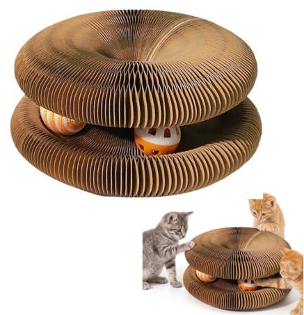 Tiragraffi per Gatti in Cartone, Giocattolo Pieghevole a Forma di Fisarmonica con Campanella, Rotondo Magnetico, Graffiatoio per Gatti da Interno