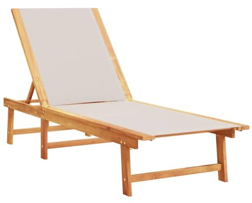 Foknhdi Lettino da giardino in legno massello di acacia e textilene grigio, schienale regolabile in 5 posizioni, sdraio ergonomico per giardino, terrazza e piscina, 200 x 66 cm