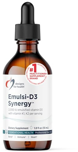 Designs for Health Emulsi-D3 Synergy 2000 IU Vitamin D Liquid with Vitamin K - Emulsified Liquid D3 K2 Drops for Immune System Support & Bone Health - Gluten-Free + Non-GMO (55 Servings / 1.8oz)