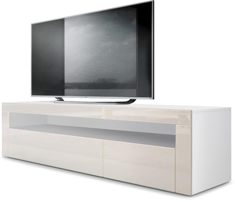 Vladon Lowboard Valencia, Made in Germany, TV-Kommode mit 1 offenem Fach und 2 Klappen, Weiß matt/Creme Hochglanz/Creme Hochglanz (155 x 46 x 40 cm)