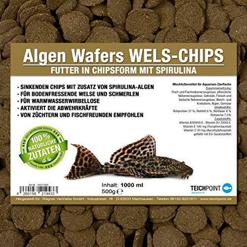 Algen-Wafers Wels-Chips (Hauptfutter für alle pflanzenfressenden Bodenfische und scheuen Zierfische in Waferform) - Welsfutter im 1 Liter Beutel