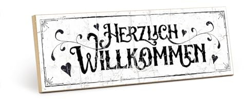 TypeStoff Holzschild mit Spruch – HERZLICH WILLKOMMEN – im Vintage-Look mit Zitat als Geschenk und Dekoration zum Thema Zuhause und Begrüßung - HS-00311