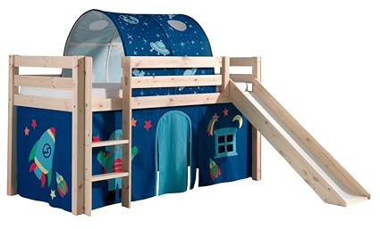 Spielbett inkl. Rutsche mit Textilset Vorhang & TunnelAstro, Kiefer Massiv Natur