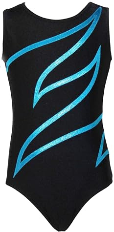 GymStern Turnanzug Plamak Basic Glanz Lycra Mädchen Gymnastikanzug KURZARM Kinder Turnbody ärmellos Farbe Schwarz/Türkis, Größe 140